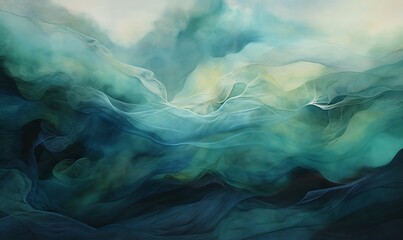 Weaving art, fiber art, gauze, layered fiber, gauze, delicate abstraction, clouds and trees, surreal, Asian painting, deep emerald and aquamarine, atmospheric clouds. Generative Ai

 - obrazy, fototapety, plakaty