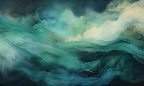 Weaving art, fiber art, gauze, layered fiber, gauze, delicate abstraction, clouds and trees, surreal, Asian painting, deep emerald and aquamarine, atmospheric clouds. Generative Ai

