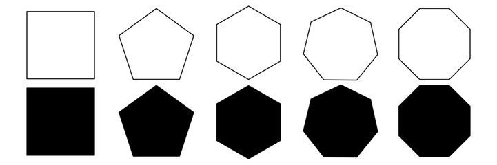 quadrangle, pentagon, hexagon, octagon icon. vector geometry pentagonal, hexagonal, octagonal polygon. five, six, eight sided polygon lines, vector - obrazy, fototapety, plakaty