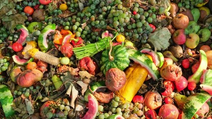 Food Waste. Compostable food scraps. Domestic organic waste for compost from fruits and vegetables. Recyclable materials. Separate waste collection. Compost bin with organic waste