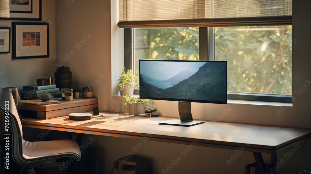 Poster computer workspace with desk, monitor, and designer elements - a blank screen for digital creativity