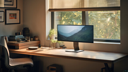 Computer Workspace with Desk, Monitor, and Designer Elements - A Blank screen for Digital Creativity and Professional Pursuits - A Banner of Technological Style and Productivity