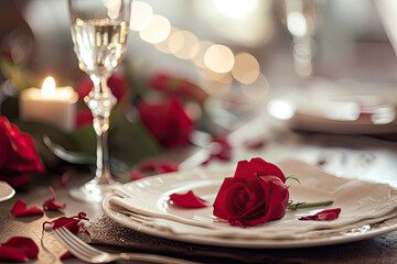 Valentine's day romantic restaurant dinner setting with red rose - obrazy, fototapety, plakaty