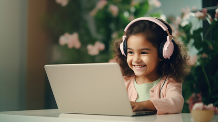 A joyful young girl with headphones uses a laptop, engaging in online learning with a bright smile.