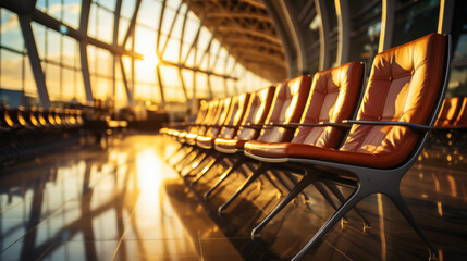 Empty chairs in the departure hall at airport with golden sunset rays. Travel, transportation...