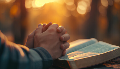 hands pray to God with the bible - Powered by Adobe