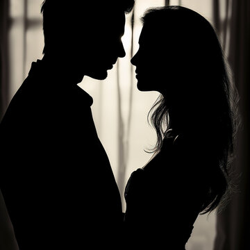 Silhouette of a couple in a romantic but secretive embrace. Concept of affairs and adultery.
