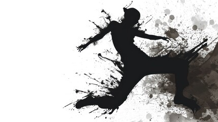  a black and white photo of a person kicking a soccer ball with paint splatters on the side of the image and a grungy black and white background. - obrazy, fototapety, plakaty