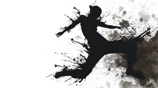  a black and white photo of a person kicking a soccer ball with paint splatters on the side of the image and a grungy black and white background.