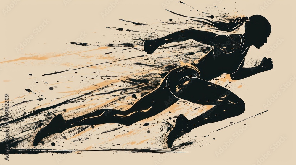 Poster a drawing of a running man with splashes of paint on the side of his body and the words running man 