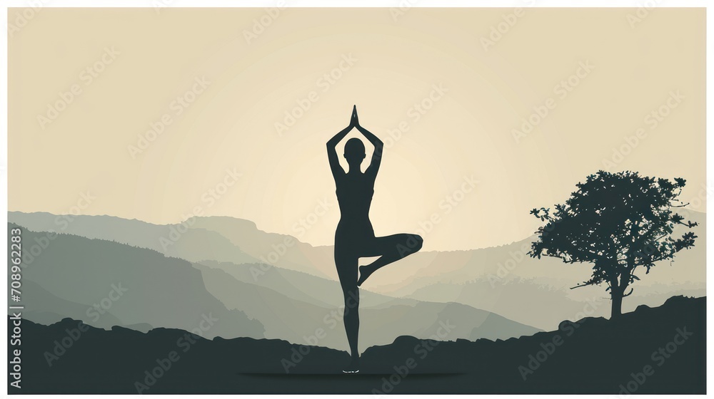 Poster a silhouette of a person doing yoga in front of a mountain with a tree in the foreground and a tree 