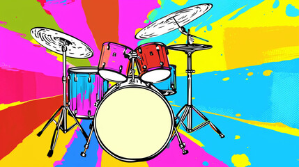 Wow pop art Drum. Vector colorful background in pop art retro comic style. Music instrument