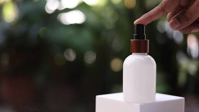 Pump head spray bottle Close-up of a hand-operated spray nozzle. cleaning Safety protection Bactericidal spray Virus protection

