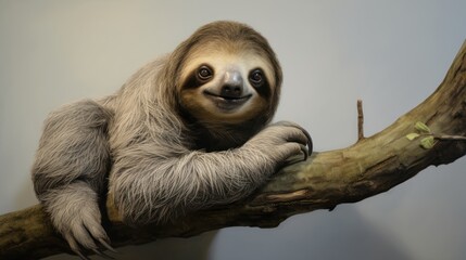 Fototapeta premium a sloth sitting on top of a tree branch with a smile on it's face as it sits on a branch with a twig in front of it.