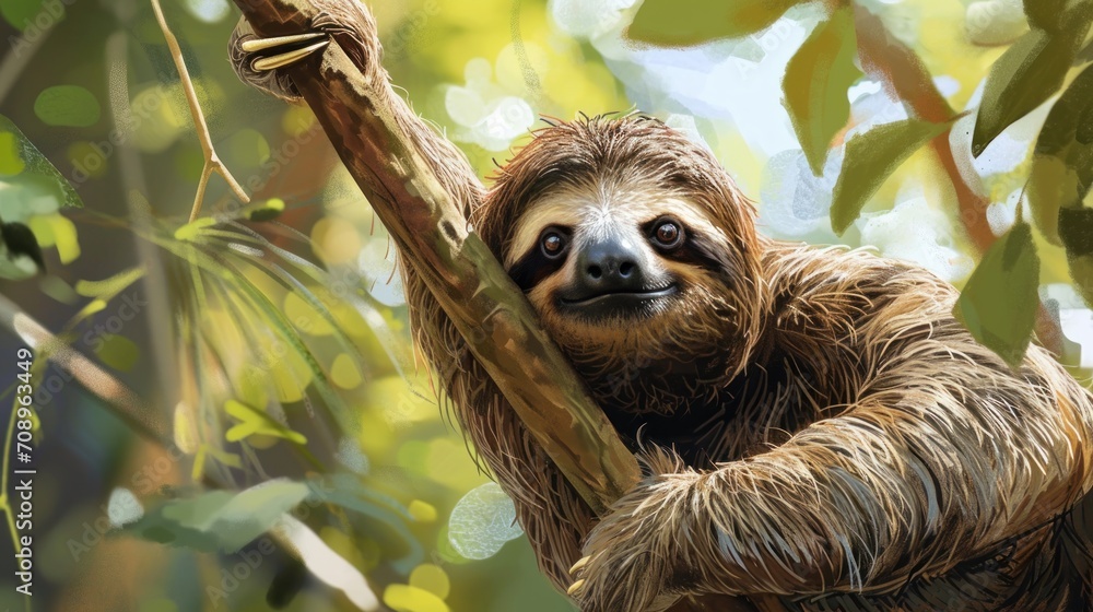 Poster a painting of a sloth hanging on a tree branch in a forest with lots of green leaves and a smile on 