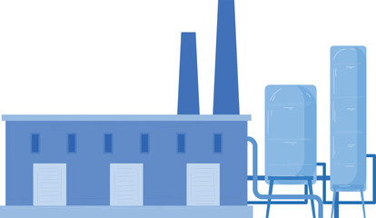 Obraz premium Blue industrial factory building with chimneys and storage tanks. Simple flat design of a manufacturing plant. Industrial architecture vector illustration.