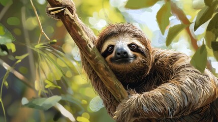  a painting of a sloth hanging on a tree branch in a forest with lots of green leaves and a smile on the face of the sloth who is holding on the branch.