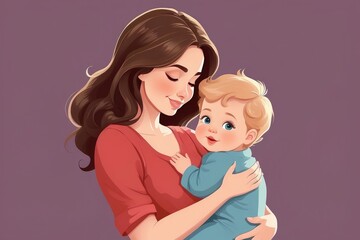 Illustration of mother holding baby son in arms. happy mothers day greeting card, mother day
