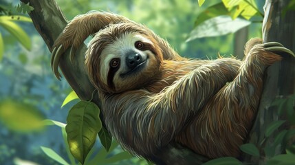  a sloth hanging upside down on a tree branch in a forest with lots of green leaves and a blurry background of greenery foliage and a soft focus on the sloth sloth's face.
