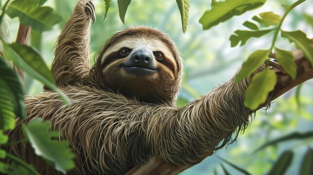  a painting of a sloth hanging from a tree branch with green leaves in the foreground and a blurry background of leaves and foliage in the foreground.