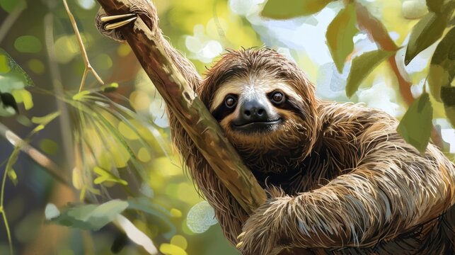  a painting of a sloth hanging on a tree branch in a forest with lots of green leaves and a smile on the face of the sloth who is holding on the branch.