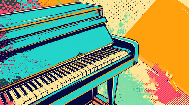 Fototapeta Wow pop art piano. Vector colorful background in pop art retro comic style. Music instrument