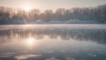 morning at the frozen lake with sunrise