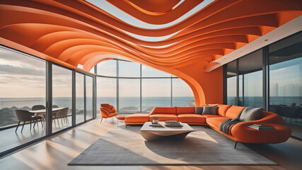 Fototapeta premium Abstract wavy ceiling in futuristic interior design of modern living room