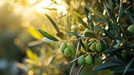 Fresh colive fruit growing on branches with green leaves in sunny garden