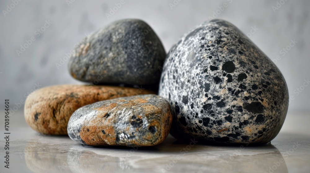 Poster a group of three rocks sitting on top of a white and black counter top in front of a gray and white 