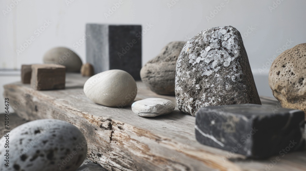 Aufkleber a group of rocks sitting on top of a wooden table next to each other on top of a piece of wood with 