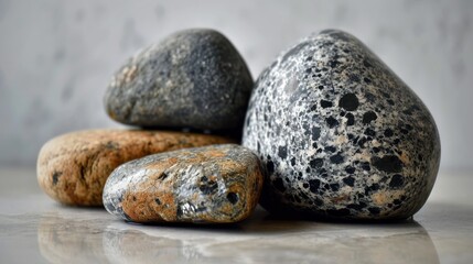 Fototapeta na wymiar a group of three rocks sitting on top of a white and black counter top in front of a gray and white wall next to each other rocks on a white surface.