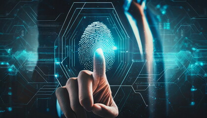 Future technology and cybernetics, fingerprint scanning biometric authentication, cybersecurity and fingerprint password - obrazy, fototapety, plakaty