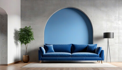 Modern interior of living room with blue sofa, concrete stucco wall with arch door.