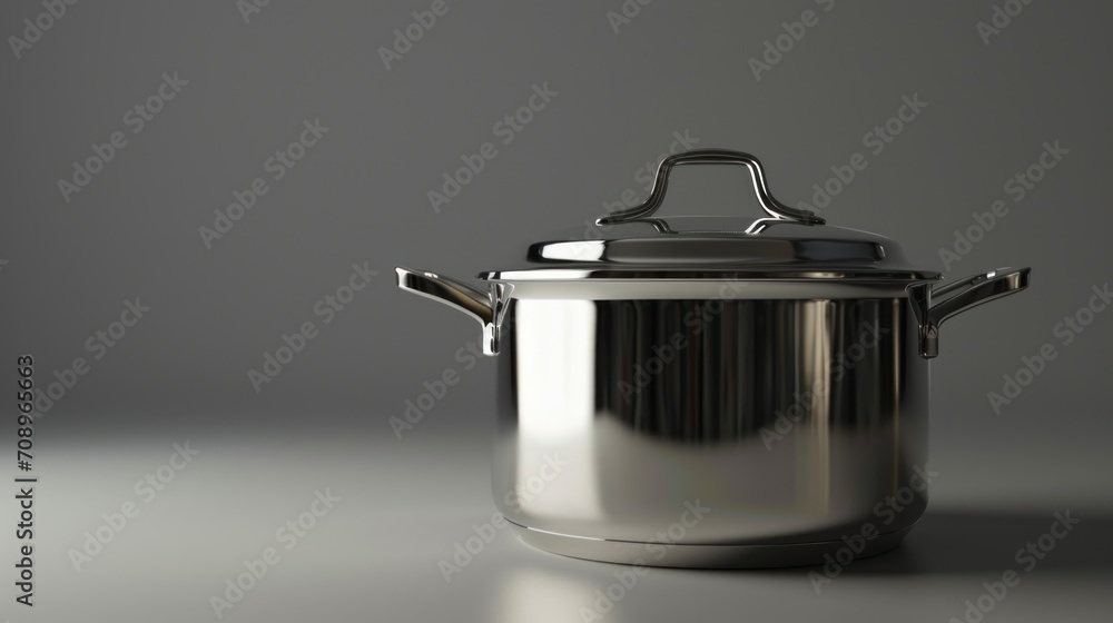 Poster a stainless steel pot with two handles and a lid on a gray background with a reflection of the lid o