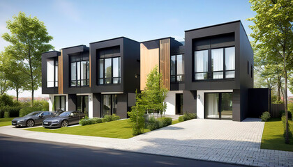Fototapeta na wymiar Modern modular private townhouses. Residential architecture exterior