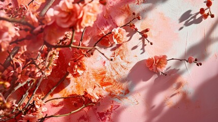  a close up of a bunch of flowers on a pink and white surface with a shadow of a person on the wall in the middle of the picture and the picture.