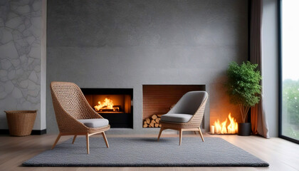 Modern room concept interior style. Chair, fireplace, frame, wicker carpet decoration. Grey stone wall background