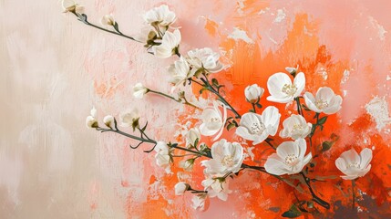  a painting of white flowers on a pink and orange background with a white and orange stripe in the middle of the painting is a painting of orange and white flowers on the wall.