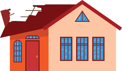 Damaged house with broken roof and windows. Home after disaster needing repair. House insurance and natural catastrophe concept vector illustration.