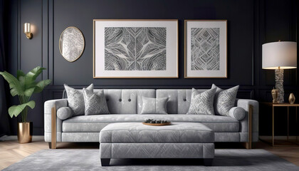 Monochromatic pattern sofa and ottoman against black wall with poster frames. Art Deco style home interior design of modern living room