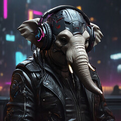 Cyberpunk Elephant in Leather and Headphones by Alex Petruk APe AI GENERATED - obrazy, fototapety, plakaty
