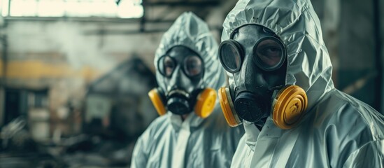 Two environmental engineers in protective gear and gas masks inspected an old, hazardous fuel leakage and its impact on the environment in a contaminated warehouse.
