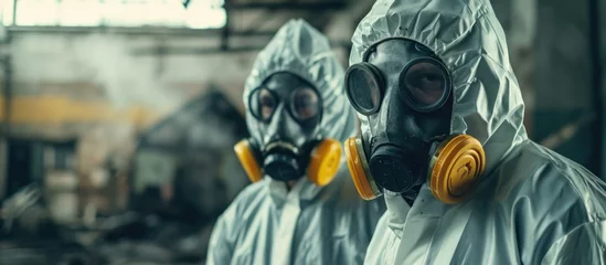 Foto op Aluminium Two environmental engineers in protective gear and gas masks inspected an old, hazardous fuel leakage and its impact on the environment in a contaminated warehouse. © AkuAku