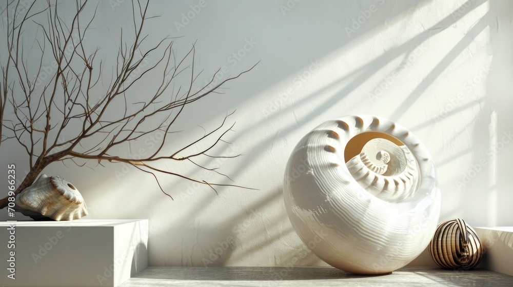 Poster a white vase sitting on top of a table next to a vase with a shell on top of it next to a tree with 