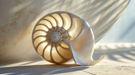 Obraz premium a close up of a sculpture of a snail on a tile floor with a white curtain in the background and a shadow of a curtain on the wall behind it.