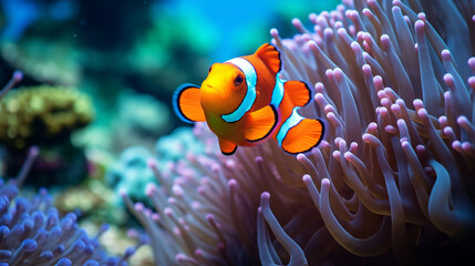 Naklejka na ściany i meble Clownfish in the Pacific Ocean with colorful reefs lagoons anemones