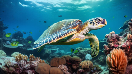 Green Sea Turtle Under Water with Coral Reef