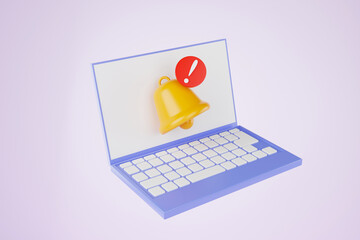 3D rendering Bell with notification in front of laptop. 3D illustration