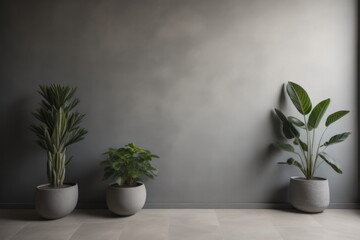 Interior background of room with gray stucco wall and pot with plant 